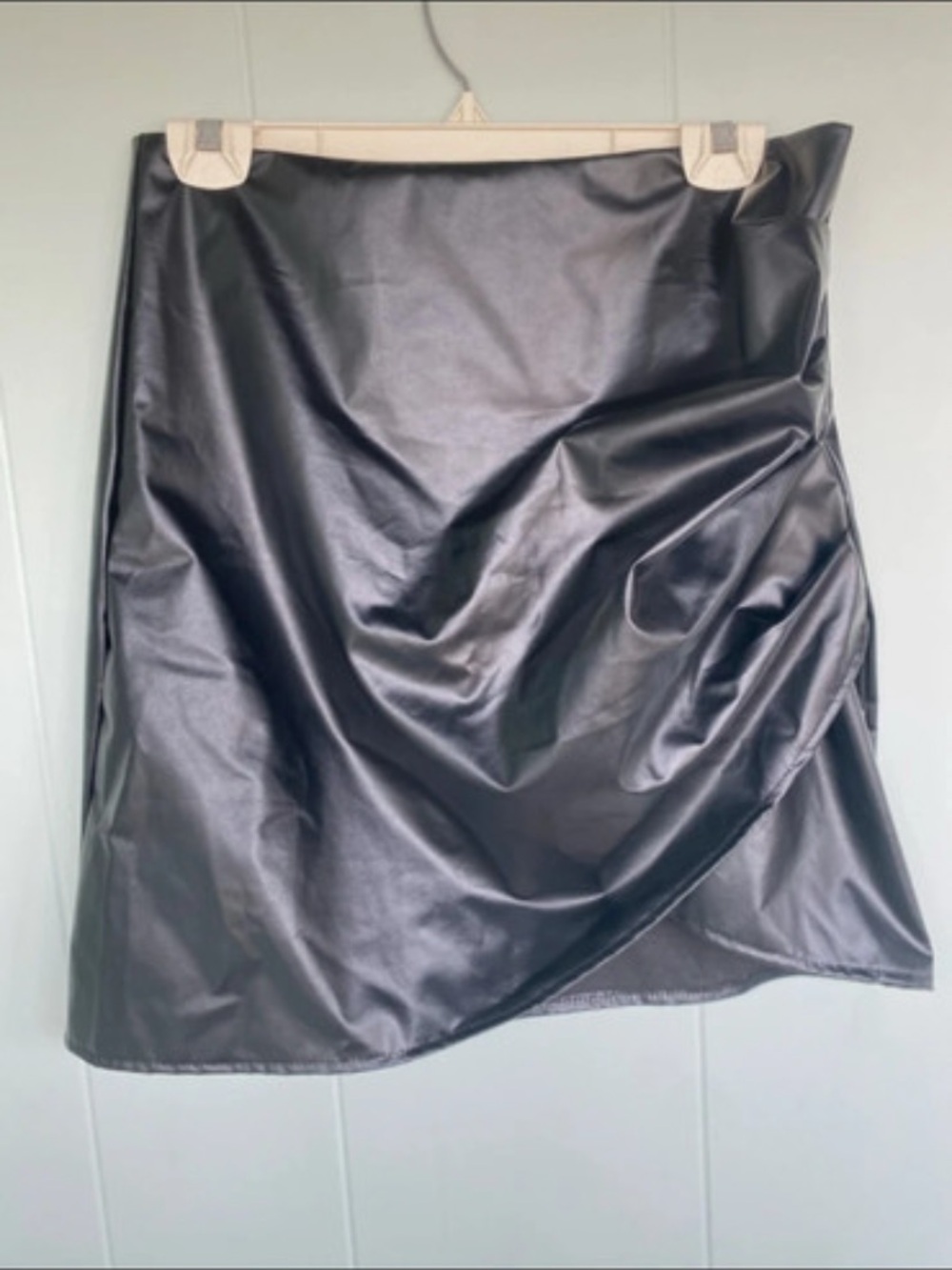 Source Unknown Black Faux Leather Mini Skirt with Draped Front